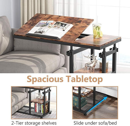 Tribesigns Height Adjustable C Table with Wheels, Mobile Couch Snack Side Table with Tiltable Drawing Board, Sofa Bedside Laptop Stand C Shaped TV Tray with Storage Shelves (Brown)
