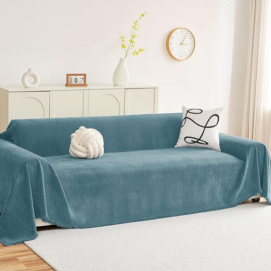 hyha Couch Cover for Dogs, Boho Sofa Covers for 3 Cushion Couch Washable, Chenille Sofa Slipcover for Pets, Soft Loveseat Sectional Couch Throw Blankets with Tassels (Blue, 71x150 Inch)