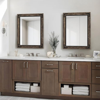 YOSHOOT Farmhouse Bathroom Mirror, Rustic Wood Mirror, Wooden Framed Vanity Mirror, Solid Wood & Handmade, Vertical or Horizontal Hanging for Bathroom Entryway Living Room Bedroom, 40" x 30", Brown