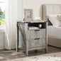 Grey Nightstand with Charging Station - 20 Inch Wide Farmhouse Fluted Bedside Table with 2 Drawers, Modern Wood End Side Table for Bedroom Study Storage Home