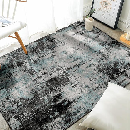 Washable Area Rugs 2'x3' Non-Slip Modern Abstract Soft for Living Room Entryway Bedroom Nursery, Print Pattern, Blue Black Teal
