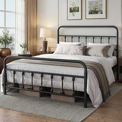 Full Size Bed Frame-Classic Metal Platform Bed Frame Mattress Foundation with Victorian Style Iron-Art Headboard/Footboard/Storage Space/No Box Spring Needed/Black