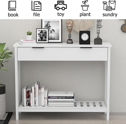 TaoHFE White Narrow Console Table with Storage Modern Wood Entryway Table with Drawer Hallway Table Sofa Tables for Living Room, Entrance Tables for Front Door Corridor, Office, White