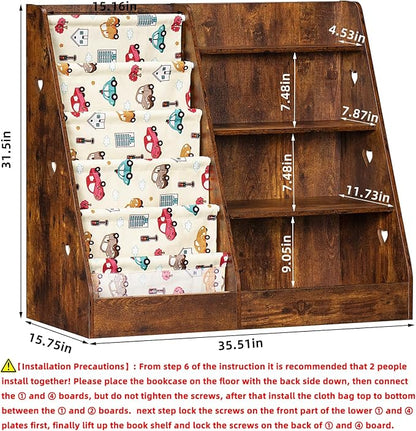 Lerliuo 4 Tier Kids Bookshelf and Storage Organizer, Five Layer Sling Children Bookcase, Baby Toddler Wooden Book Shelf, Display Cabinet for Playroom, Bedroom, Classroom, Nursery, School (Brown)
