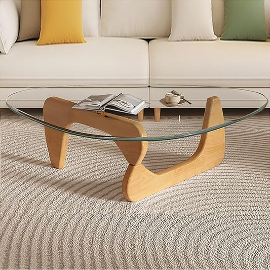 Modern Glass Coffee Table for Living Room, Mid Century Coffee Tables, Suitable for Bedroom Living Room Reception Office Tables（Wood/Transparent，Large）