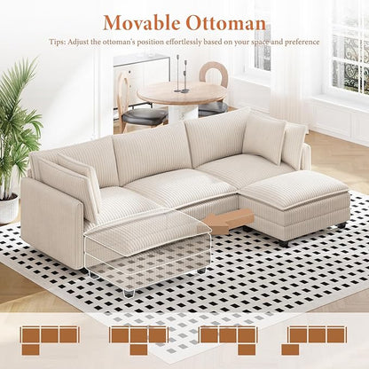 Vesgantti 109" L Shaped Cloud Sectional Couch, Comfy Corduroy Upholstered Modular Couches for Living Room, Modern 3 Seater Sectional Sofa with Ottoman Deep Seat, Beige