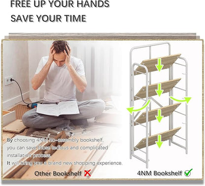 4NM No Assembly Folding Bookshelf 4 Tiers Vintage Industrial White Book Shelf Metal Foldable Storage Bookcase and Bookshelves for Living Room,Bedroom and Kitchen - Natural