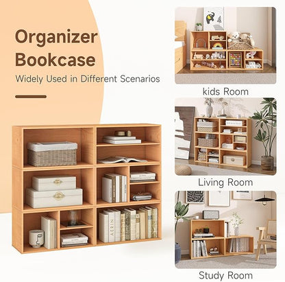 Sebastack 3 Cube Organizer Bookcase, Expandable Storage Shelves, Wooden Open Shelving Unit Book Shelf for Living Room, Office, Bedroom, Beech Color Wood Furniture (1 Set)