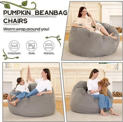 HABUTWAY Giant Bean Bag Chair for Adults/Kids/Teens, Pumpkin Bean Bag Couch Comfy Reading Chair for Bedroom, Corduroy Lazy Sofa Loughe Chair with Wider Seat Depth & Non-Slip Bottom(Grey)