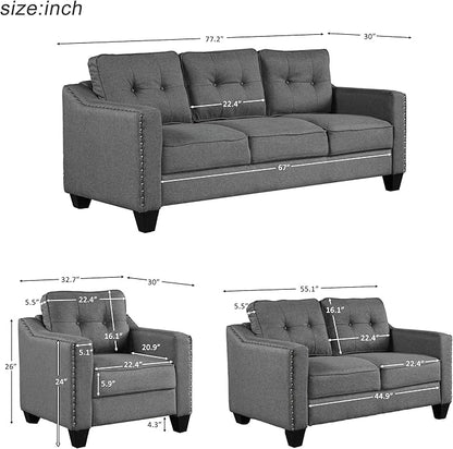FANYE 3 Pieces Living Room Furniture Sets Include Sofa, Loveseat and Armchair, Linen Fabric Upholstered Sectional Couch with Classical Rivets Decor and Tufted Back Cushions, Retro Gray Sofa & Couch