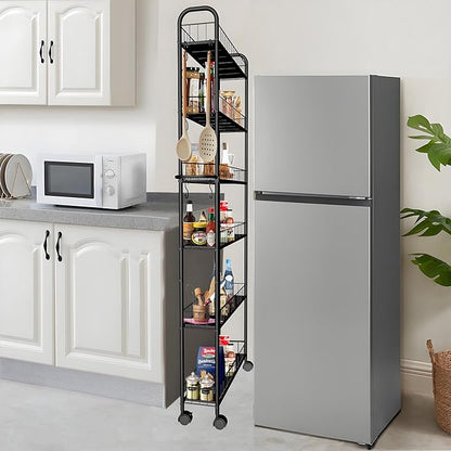 Slim Rolling Cart,6-Tier Storage Cart with Handle, 6in Mobile Shelving Unit with Wheels, Metal Wire Storage Rack with Baskets for Kitchen Bathroom Office Laundry Narrow Piaces