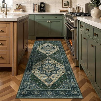 Tangsoo Washable Runner Rug, 2x6 Runner Rugs for Hallways, Non Slip Vintage Rug, Soft Low Pile Long Print Distressed Carpet Runners for Kitchen Bedroom Entryway Bathroom Living Room Green