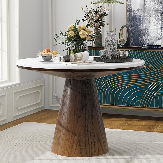 Wooden Kitchen Round Dining Table for 4-6, Round Kitchen Table with Circular Tabletop with Wood Pedestal Base, Rustic Farmhouse Furniture
