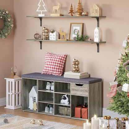 DINZI LVJ Shoe Bench, Entryway Storage Bench with Drawer and 11 Cubbies, Cubby Shoe Rack with Adjustable Shelves, Organizer Cabinet for Living Room, Mudroom, Closet and Garage, Gray Wash