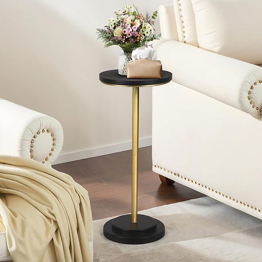 Drink Table Set of 2, Small Round Pedestal Side Table with Carved Top for Living Room, Bedroom, Small Space, Corners and Office, Gold and Black