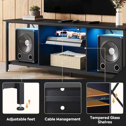 WLIVE TV Stand up to 65 Inch TV, 55" Entertainment Center with LED, Industrial TV Console with Glass Shelf for Living Room and Bedroom, Black