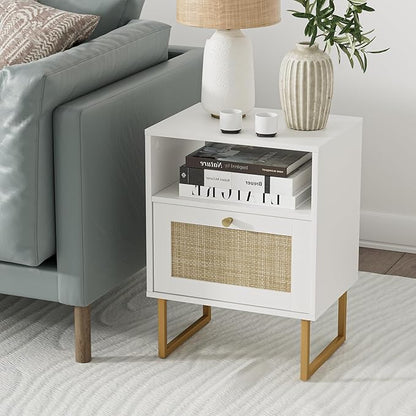 Masupu Rattan Nightstand,Modern Boho Farmhouse Wood Bedside Table with Storage Drawer and Open Shelf,Small Gold Frame Side End Table for Bedroom,Living Room,Office(White)