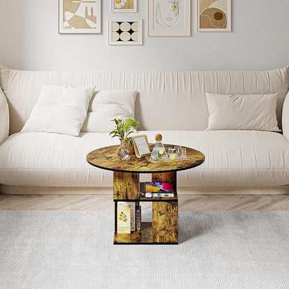 Elephance Round Coffee Table with Storage,3-Tier Coffee Table for Living Room,Wooden Tabletop-Caramel Brown with Black Frame