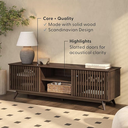 Plank+Beam Mid-Century Modern Wood TV Stand, Solid Wood Entertainment Console with Storage, 59" L x 16" W x 19" H, Walnut