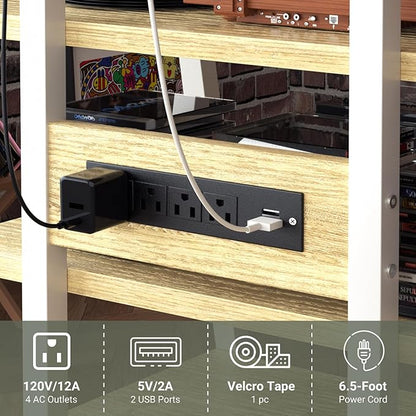 AV Media Stand with Outlets, Media Console with LED Lights, Stereo Racks and Stands with Storage Shelves, Media Audio Tower Cabinet, Natural Oak and White