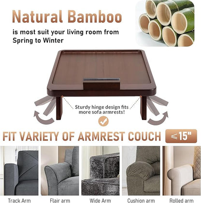 SINWANT Couch Armrest Table, Large Bamboo Couch Arm Table 360° Phone Holder,Foldable Sofa Arm Tray for Eating Drinking Snacks Remote on Chair Armrest