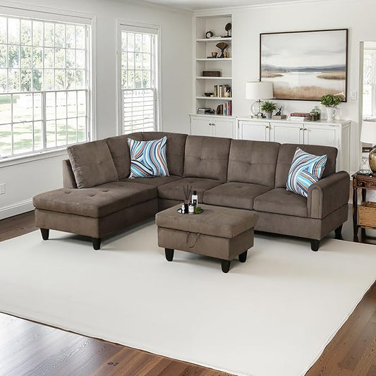 NicBex Sectional Couch 3 Pieces Sofa Set with Right Chaise Pineapple Velvet L Shaped Cloud Couch for Living Room Furniture Sets with Storage Ottoman, Modular Sofa for Living Room & Apartment, Walnut