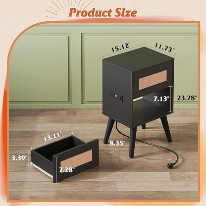 WLIVE Rattan Nightstands Set of 2 with Charging Station, Boho Nightstand, Wood Side Table, Small End Table with Drawers for Bedroom, Black