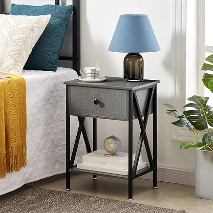VECELO Nightstands Set of 2, Modern Bedside End Tables, Night Stands with Drawer and Storage Shelf for Living Room Bedroom, Industrial Metal Frame