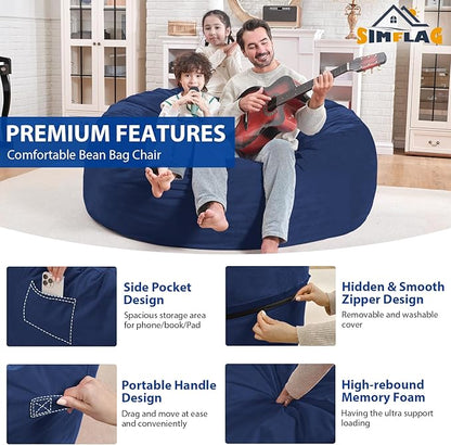 4FT Bean Bag Chair, Large Bean Bag Chairs with Memory Foam Filled, Fluffy Beanbag Sofa with Dutch Velvet Cover, Round BeanBag Chairs for Living Room, Playroom - Blue