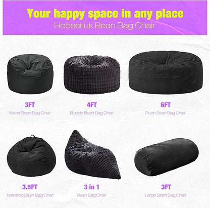 Hobestluk 3FT Bean Bag Chair Large Beanbag with Removable Cover Adult Bean Bag Chair with Portable Handle Desgin for Living Room Bedroom (Black, 3FT)