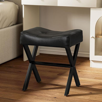 18-Inch Leather Vanity Stool Chair, Vanity Bench with Metal X-Leg, Ottoman Foot Stool with Thick Padded Saddle Seat, Black