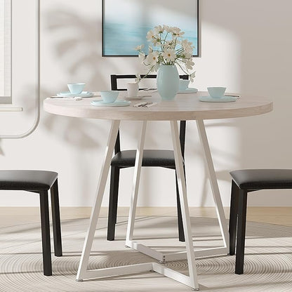 VECELO 35" Round Dining Table for 4, Wood-Grain Tabletop & Heavy-Duty Steel Frame, for Kitchen, Living Room, Easy Assembly, Natural & White