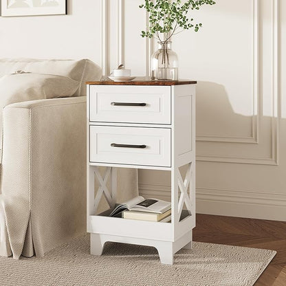 Tall Nightstand Set of 2 Side Table with 2 Drawers Modern Night Stand Wooden Rustic End Table Bedside Table with Below Open Shelf Solid Feet for Bedroom, Living Room, White+Walnut