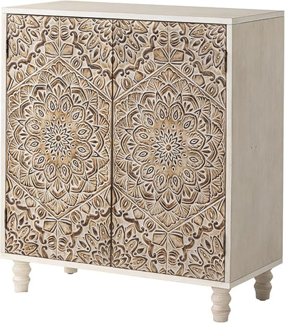 COSIEST Set of 3 32" Buffet Sideboard Cabinets with Vintage Firework Carved Pinewood Doors, Push-to-Open Storage Accent Cabinets, Gray
