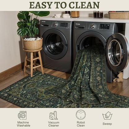 Tangsoo 5x7 Area Rug Washable Rug for Living Room, Vintage Indoor Non Slip Large Area Rugs, Print Distressed Rust Carpet, Soft Low Pile Foldable Floor Rug for Bedroom Dining Room Dorm Olive Green