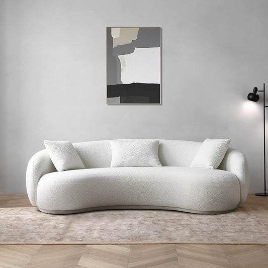Acanva Mid Century Modern Curved Living Room Sofa, 4-Seat Boucle Fabric Couch for Bedroom, Office, Apartment, White