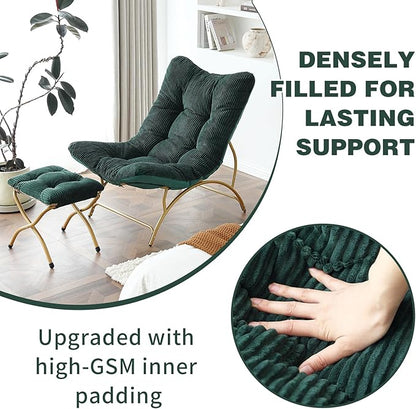Welnow Accent Chair with Ottoman, Lounge Comfy Soft Leisure Metal Frame Reading Chair with Footrest, Upholstered Thick Cushion Seated Recliner Sofa for Living Room, Bedroom, Dorm, Dark Green
