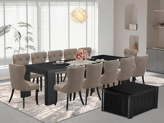 X12SI-0C6-48 - 14-piece Dining Room Table Set a Rectangular Dining Table with a coffee Table and 12 coffee Linen Fabric kitchen Chair, 39x120 Inch, Wire Brushed Black