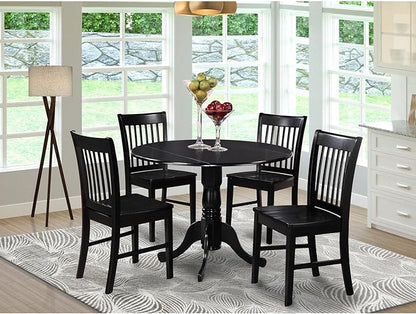 East West Furniture DLNO5-BLK-W 5 Piece Dinette Set for 4 Includes a Round Dining Room Table with Dropleaf and 4 Kitchen Dining Chairs, 42x42 Inch, Black