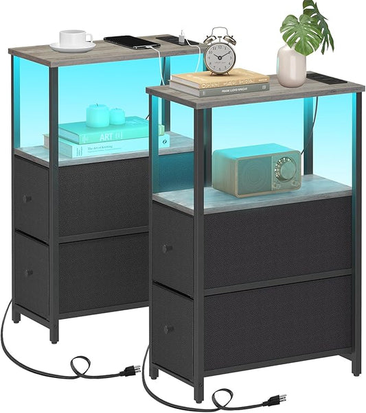 TUTOTAK Small Narrow LED End Table with Charging Station, Side Table Outlets, Nightstand with 2 Cloth Drawers, Set of 2, Couch Table, for Living Room, Bedroom, Bedside, Greige TB01BG056