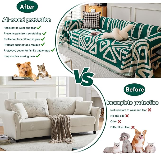 HANDONTIME Couch Cover Boho Sofa Covers Washable Forest Green Dog Covers for Couches Reversible Couch Blanket Cover Geometric L Shaped Couch Covers for 2 3 Couch Cushion Cover Dark Green, 91" X134"