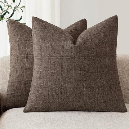 Foindtower Set of 2 Decorative Linen Check Throw Pillow Covers Neutral Farmhouse Vintage Cushion Covers Modern Boho Home Decor for Sofa Chair Couch Bedroom Living Room Outdoor,16×16 Inch,Dark Brown