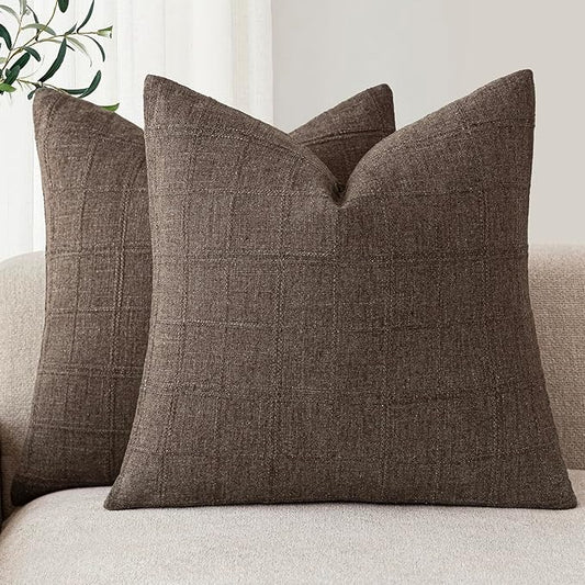 Foindtower Set of 2 Decorative Linen Check Throw Pillow Covers Neutral Farmhouse Vintage Cushion Covers Modern Boho Home Decor for Sofa Chair Couch Bedroom Living Room Outdoor,16×16 Inch,Dark Brown