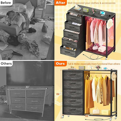 Cyclysio Dresser for Bedroom with Clothes Rack, 5 Fabric Drawers Dresser with Charging Station & LED Lights, Tall Storage Chest of Drawers with Wheels, Wooden Top, Lockable Wheels, Closet, Grey