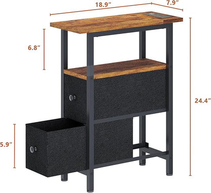 End Table Set 2 with Charging Station, Narrow Side Table with 2 Fabric Drawers, Skinny Nightstand with LED Light, Slim Bedside Table for Bedroom, Living Room, Small Spaces, Brown and Black