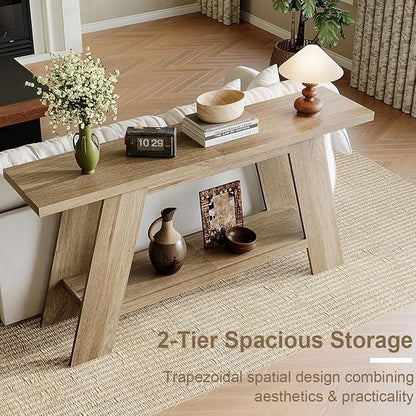 Treocho 63 Inch Long Farmhouse Console Tables for Entryway, 2-Tier Modern Wood Sofa Table with Shelf Behind Couch, Contemporary Narrow Entryway Table for Living Room, Hallway, Entrance, Walnut