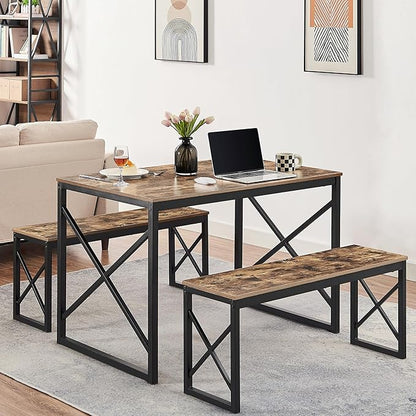 VECELO Kitchen Table with 2 Benches for 4, Wood Dining Room Dinette Sets for Breakfast Nook and Small Space, Brown
