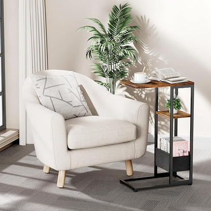 C Shaped End Table, Small Side Table for Couch, Recliner, Slide Under Sofa Tray Desk Snack Tables with Storage Bag for Living Room,Bedroom, Small Spaces - Rustic Brown