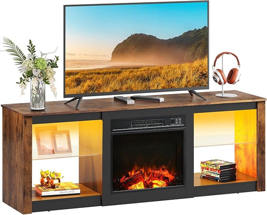 WLIVE 58 Inches Fireplace TV Stand with LED Lights, Modern Entertainment Center with 18'' Electric Fireplace & Adjustable Glass Shelves, Sturdy Media Console for Living Room, Bedroom,Gaming (Brown)