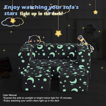 Kids Couch, Glow in The Dark Modular Kids Explore Sofa for Toddler 3 in 1 Fold Out Kids Toddler Sofa, Convertible Plush Toddler Couch with Washable and Durable Covers